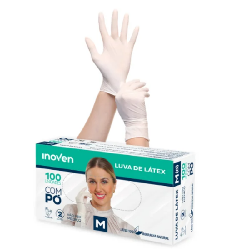 LUVA DE LÁTEX TAM. P INOVEN C/ 100 UNID. COM PÓ