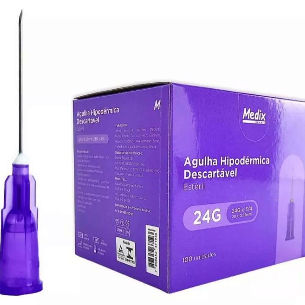 AGULHA HIPODÉRMICA DESCARTÁVEL 20x0,55MM 24G ROXA MEDIX BRASIL