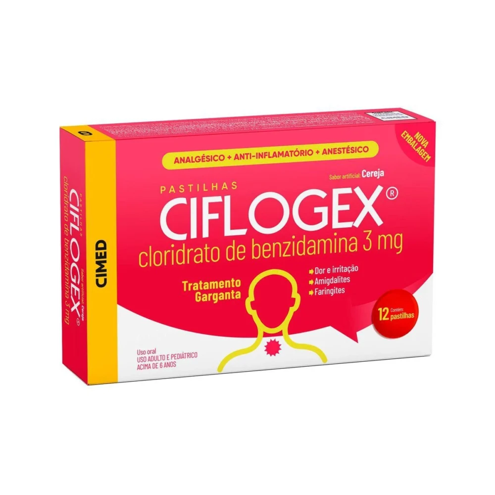 CIFLOGEX CIMED CLORIDRATO DE BENZIDAMINA CEREJA 3MG C/ 12 PAST.